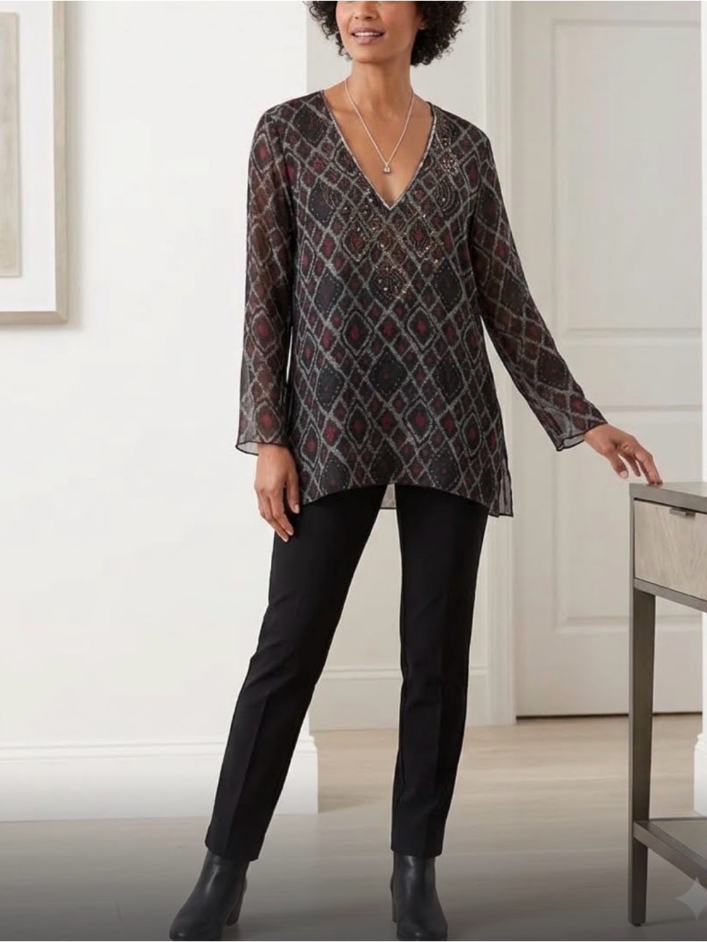 Chico's 100% Silk Black Sheer V-Neck Blouse with Red Diamond Print